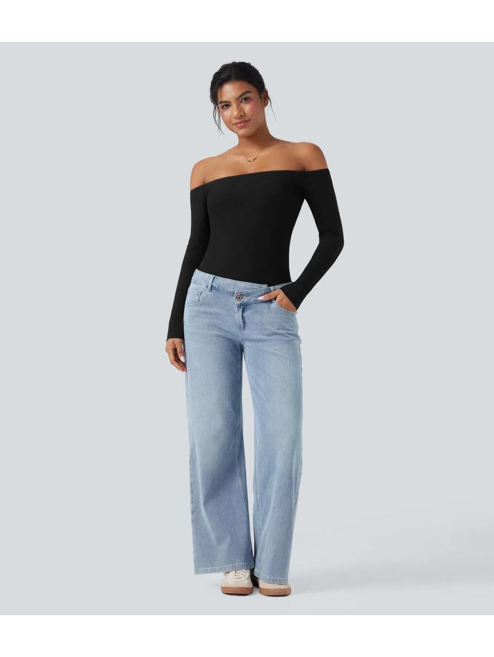 Halara Ribbed Knit Off Shoulder Long Sleeve 2-in-1 Casual Top Black Size XL - Picture 9 of 9